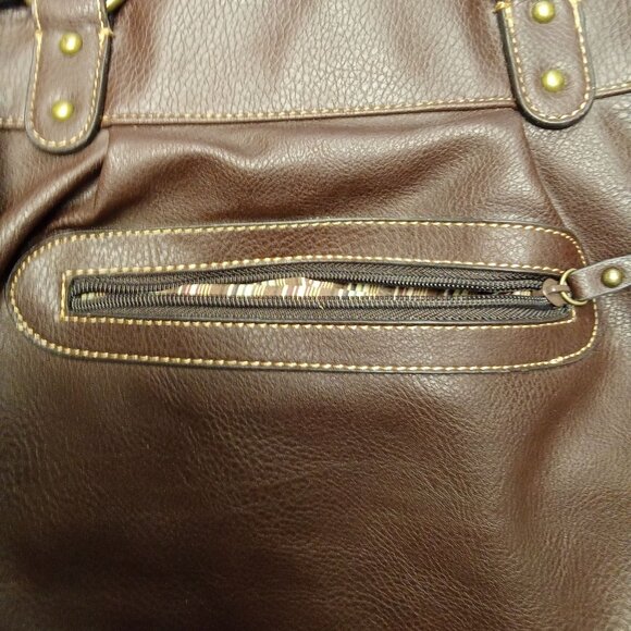 Liz & Co. Brown Faux Leather Tote Bag With Striped Fabric Lining & Multiple Comp - Picture 6 of 15